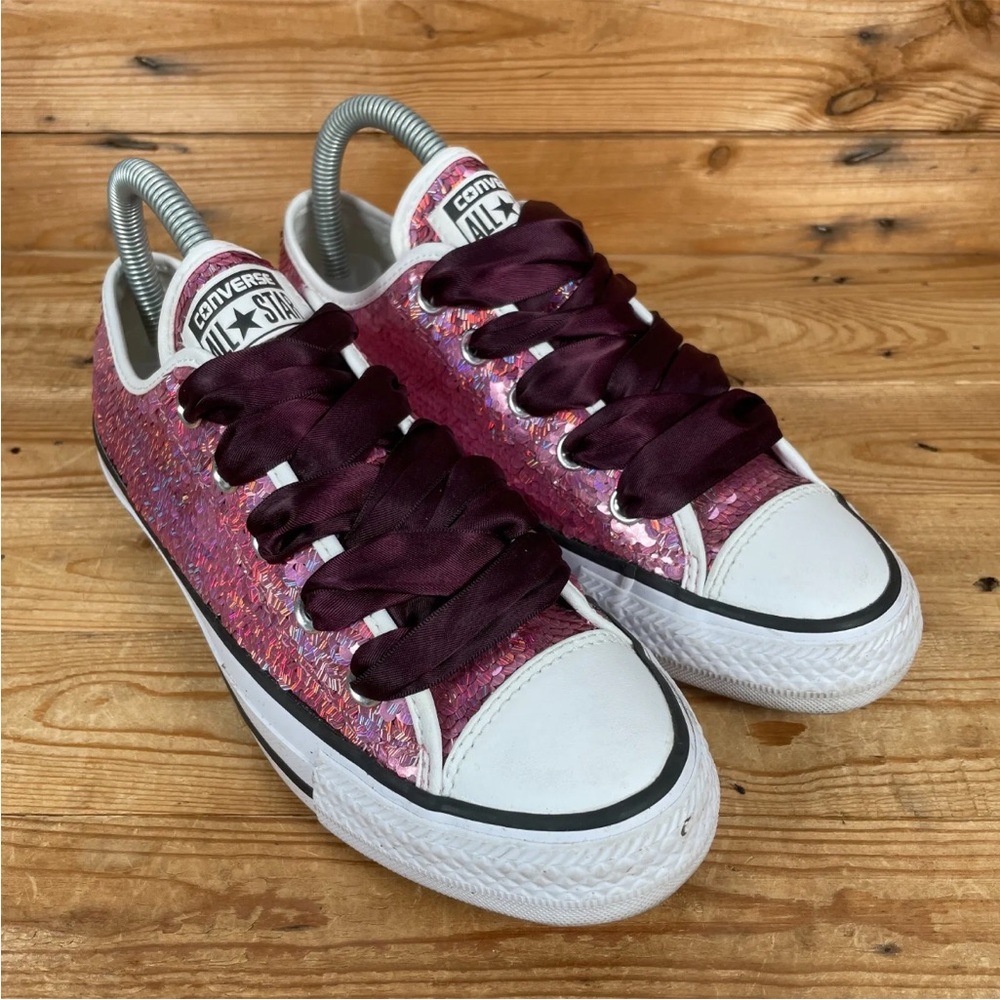 CONVERSE All Star Trainers Size UK 4 Womens Pink Sequin Glitter Lace Up Shoes - Picture 2 of 13